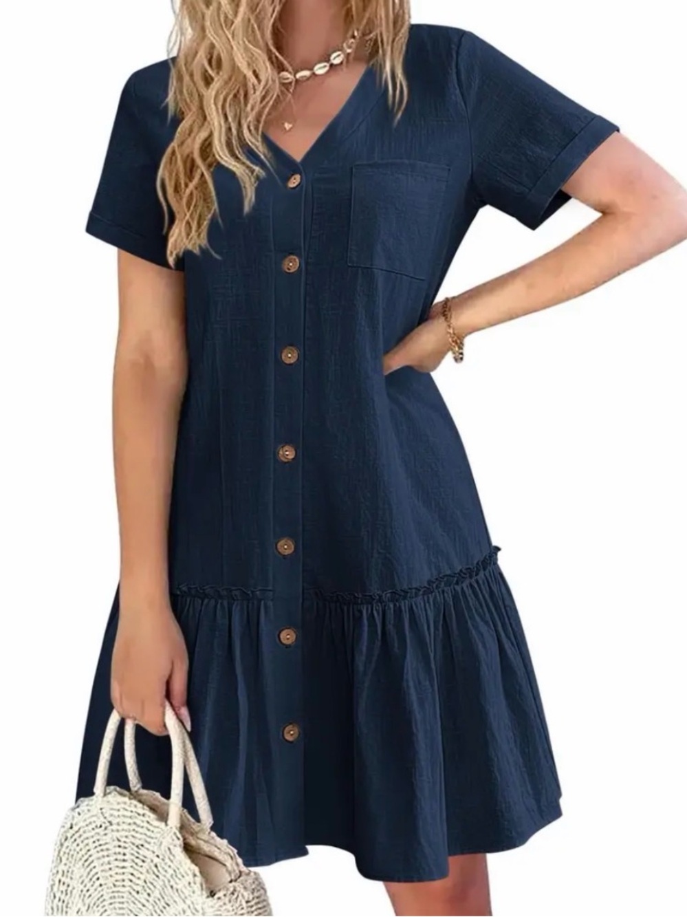 Women's Loose Cotton Button Down Mini Riffle Dress Size Small Blue Like New